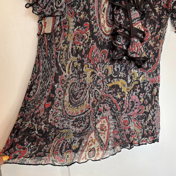 Sheer Paisley Ruffle Blouse Boho Tie-Front Top Size Medium - Picture 3 of 8